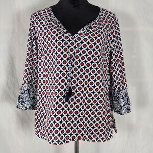 Tommy Bahama XS Blue White Red Geometric Tassel Tie Peasant Blouse Lightweight